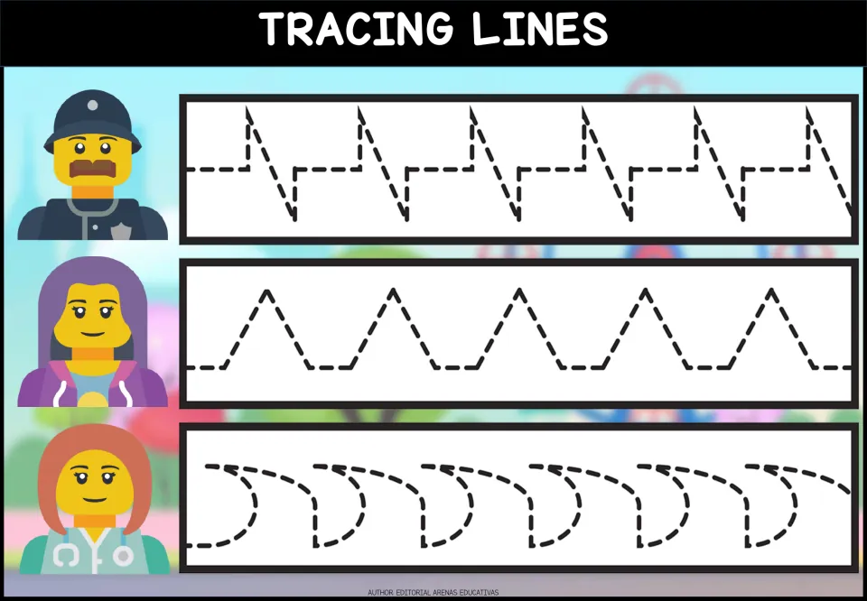 Tracing lines: students trace dashed lightning-bolt jags, pointed peaks and repeating curved hook shapes in three rows