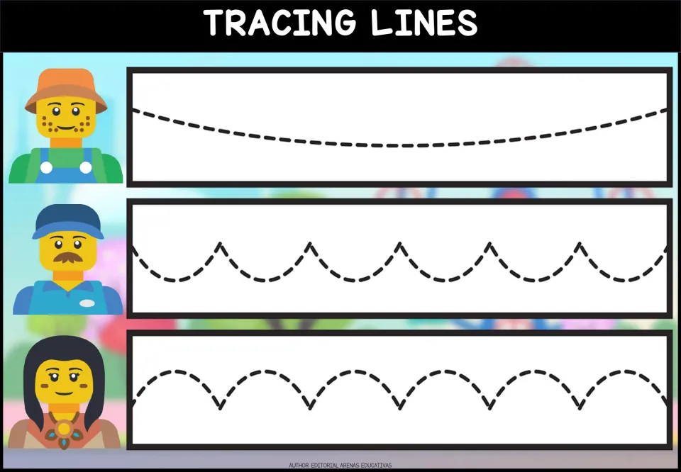 Tracing lines: students trace one long dashed curve, then rows of scallops dipping down and arches bumping up