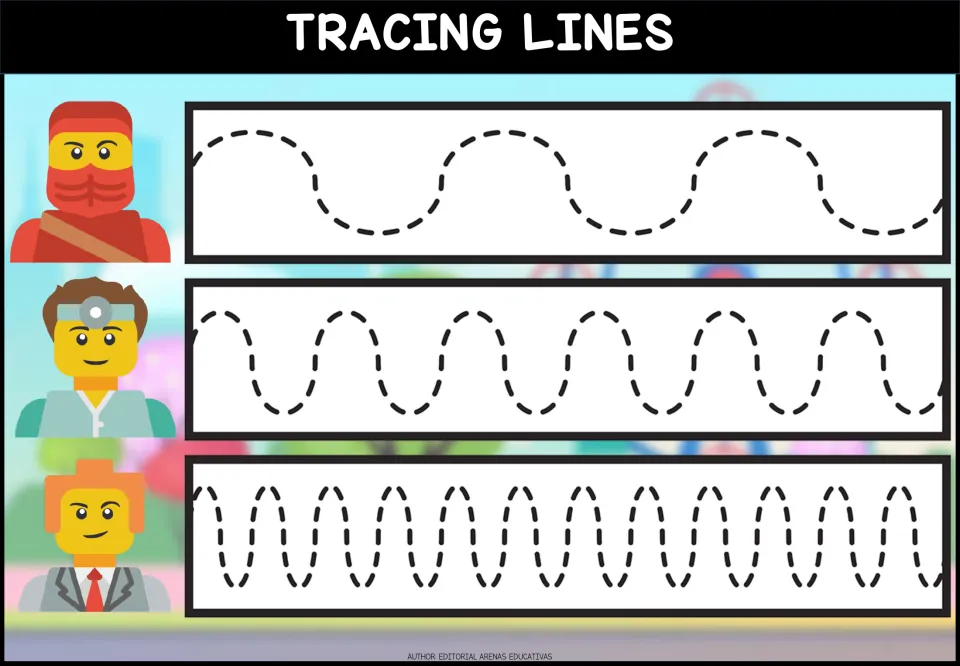 Tracing lines: students trace dashed wavy lines that grow from wide, slow waves to medium waves to tight, narrow waves
