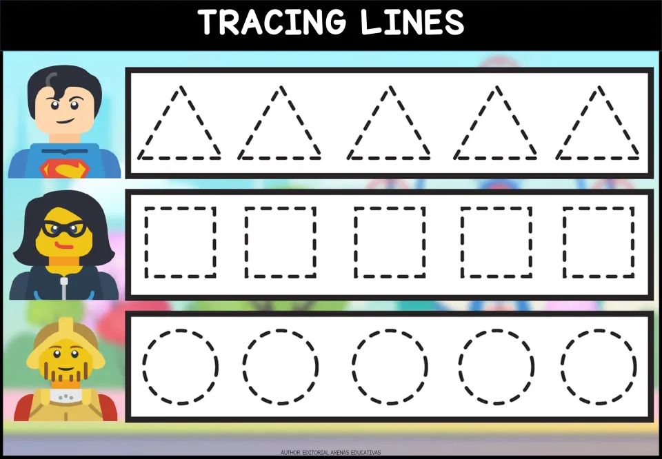 Tracing shapes: students trace rows of dashed triangles, squares and circles, five of each, to practise closed shapes
