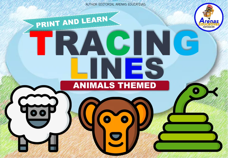 Tracing Lines Animals Themed cover: Print and Learn title with a sheep, monkey and snake for line-tracing practice