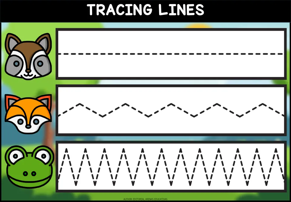 Line tracing: children trace a dashed straight line, a gentle zigzag and a tall zigzag beside raccoon, fox and frog