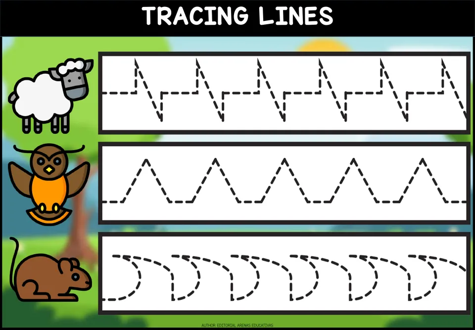 Mixed stroke tracing: children follow dashed step-and-slant lines, peaked paths and curved hooks beside sheep, owl, mouse