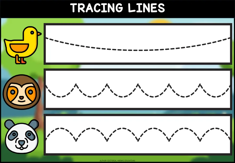Curved line tracing: children trace a dashed smile curve, cup-shaped scallops and arch scallops beside duck, sloth, panda