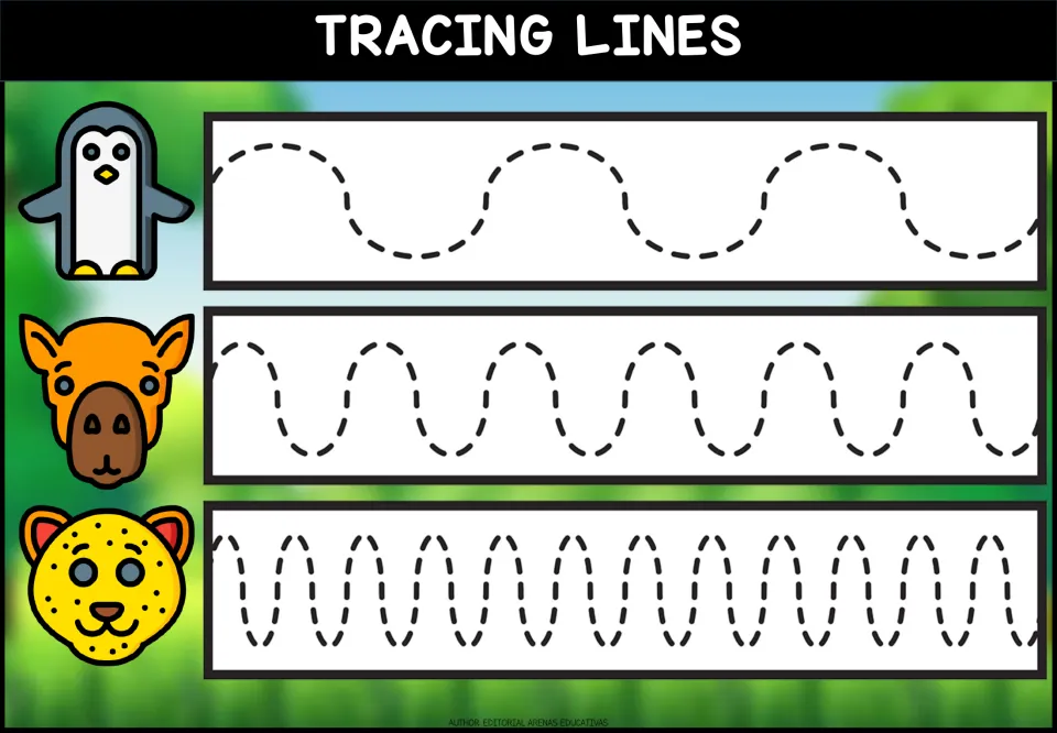 Wave tracing: children trace dashed wavy lines from wide to tight loops beside a penguin, camel and leopard