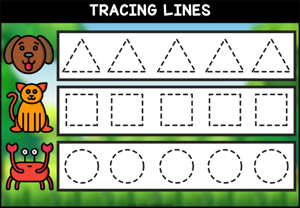 Shape tracing: children trace rows of five dashed triangles, squares and circles beside a dog, cat and crab