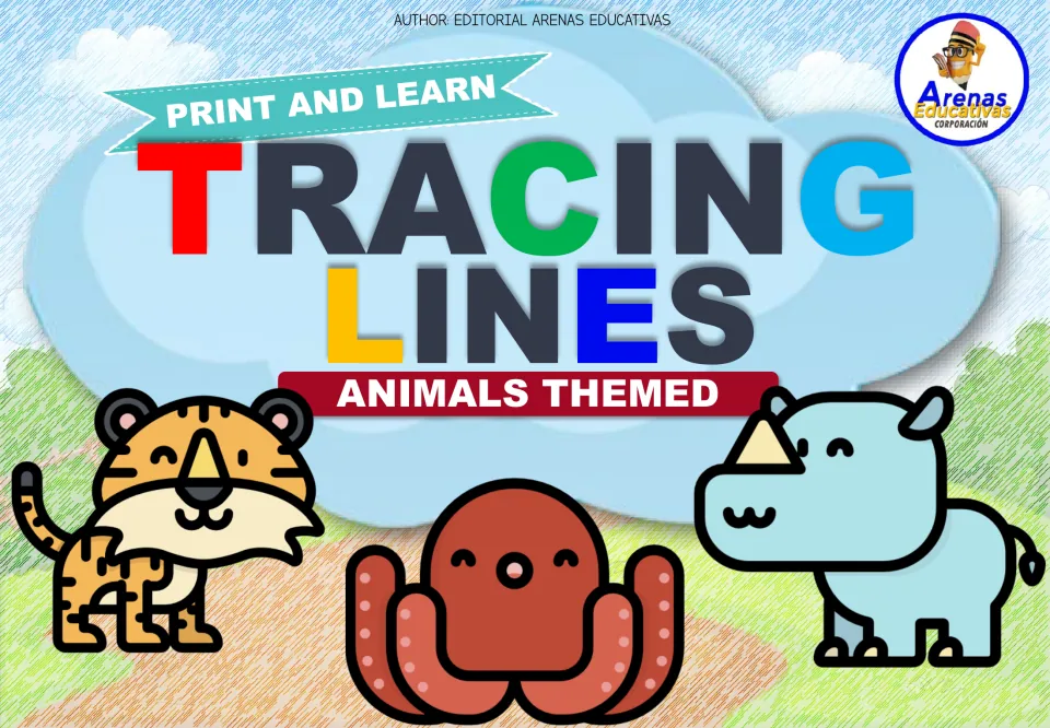 Tracing Lines, Animals Themed cover with a Print and Learn banner and cartoon tiger, octopus and rhino