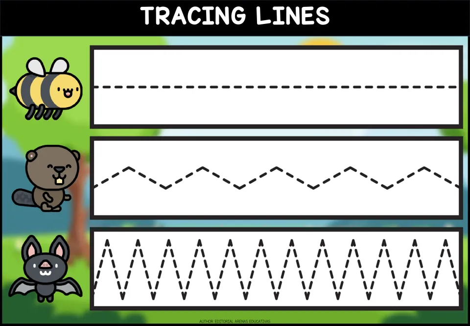 Tracing lines with a bee, beaver and bat: students trace a dashed straight line, a wide zigzag and a tall, sharp zigzag