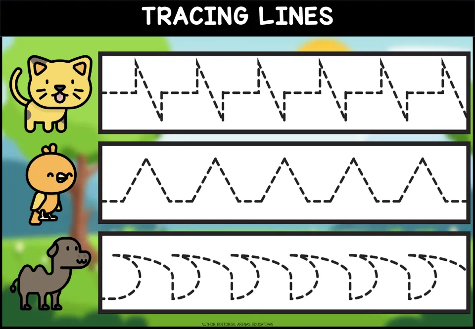 Tracing lines with a cat, chick and camel: students trace dashed slanted step lines, peaks and curved hook strokes