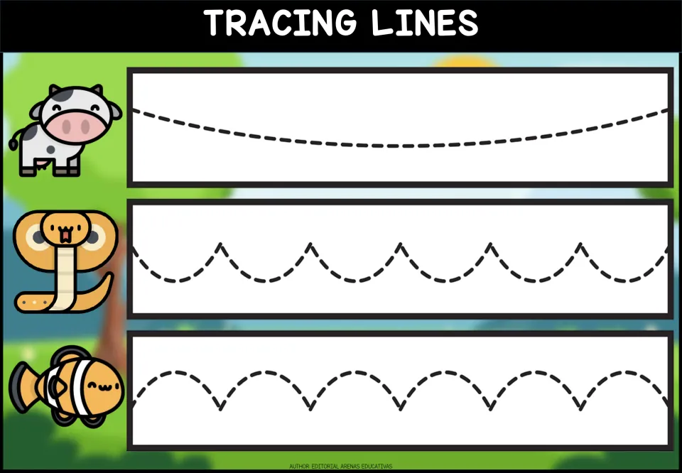 Tracing lines with a cow, cobra and clownfish: students trace a dashed gentle curve, a scalloped line and a row of arches