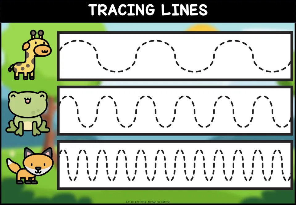 Tracing wavy lines with a giraffe, frog and fox: students trace dashed waves that get narrower and tighter on each row