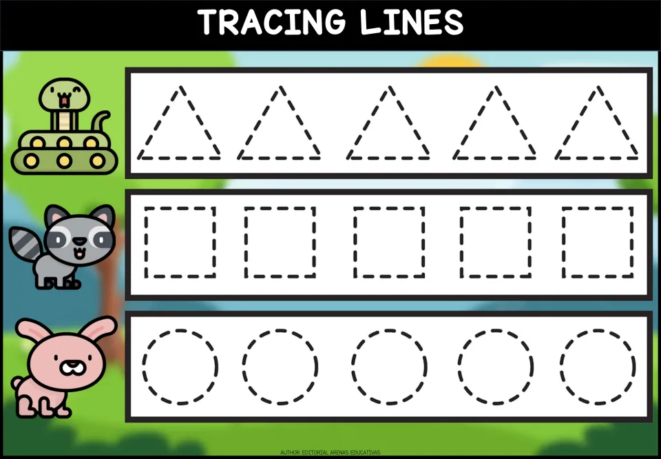 Tracing shapes with a snake, raccoon and bunny: students trace rows of dashed triangles, squares and circles