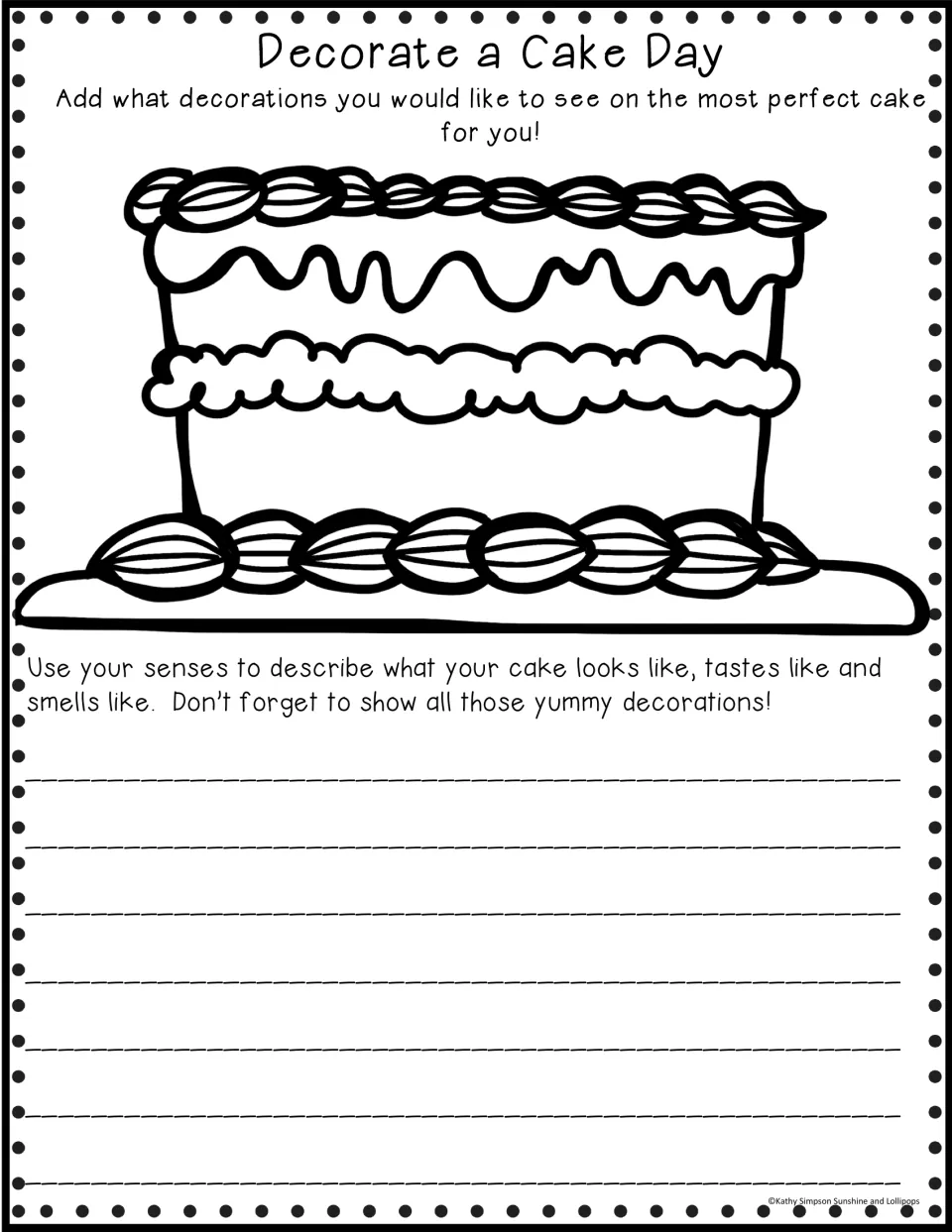Decorate a Cake Day prompt: add decorations to a layer cake, then describe how it looks, tastes and smells