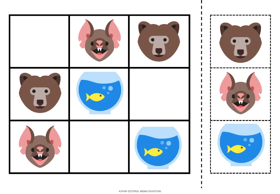 Picture sudoku with bat, bear and fishbowl icons: students cut out 3 pieces to fill the empty cells, using each once a row