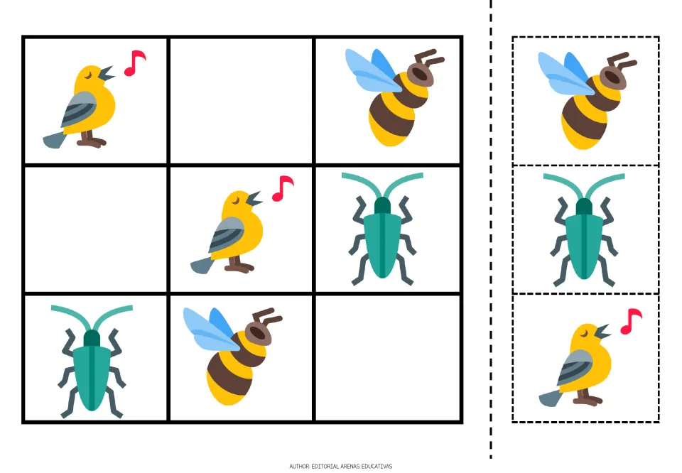 Picture sudoku with bird, bee and beetle icons: students cut out the 3 pieces and place each so no row or column repeats