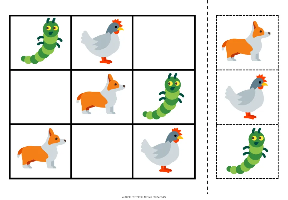 Picture sudoku with caterpillar, hen and dog icons: students cut and glue 3 pieces so each animal appears once per row