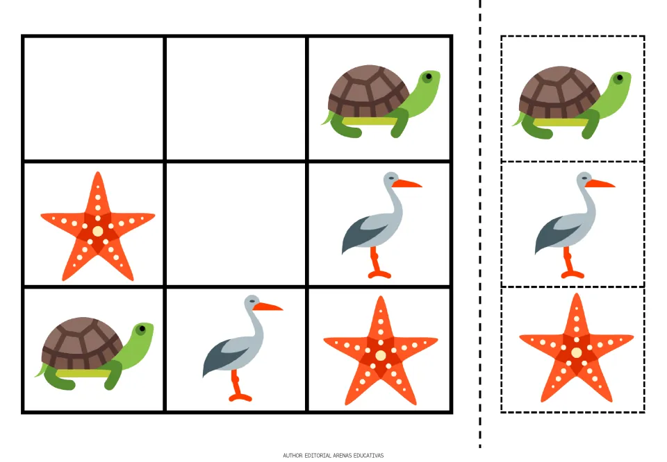 Picture sudoku with turtle, starfish and stork icons: students reason out 3 missing cells and glue the cut-out pieces in
