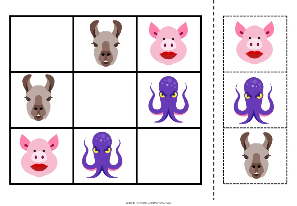 Picture sudoku with llama, pig and octopus icons: students complete the puzzle by placing 3 cut-out animals in empty cells