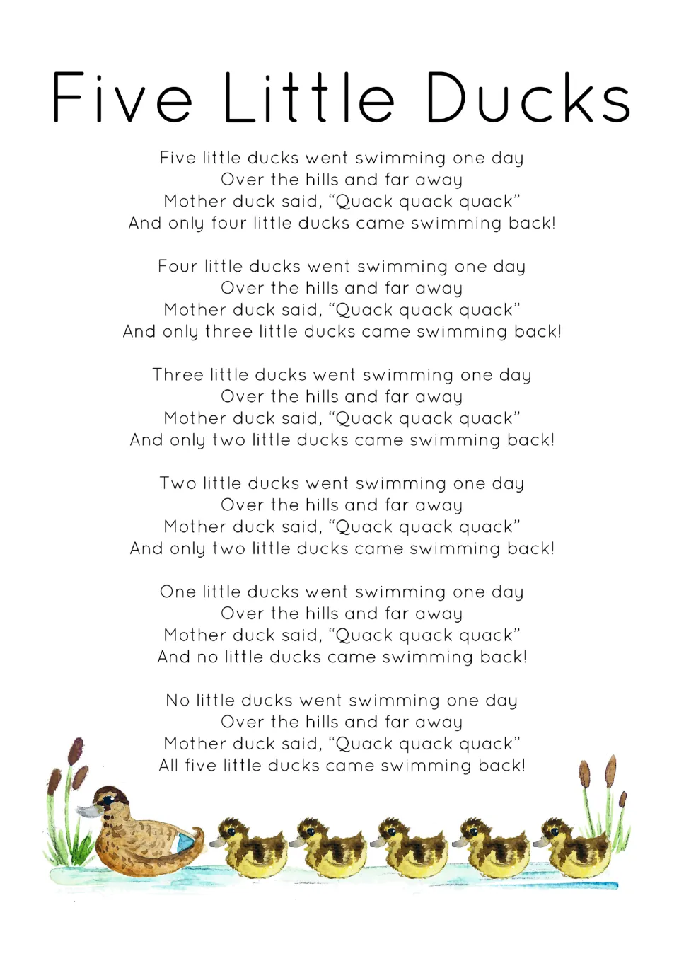 Five Little Ducks song sheet: six verses begin with five ducks and end with all five swimming back