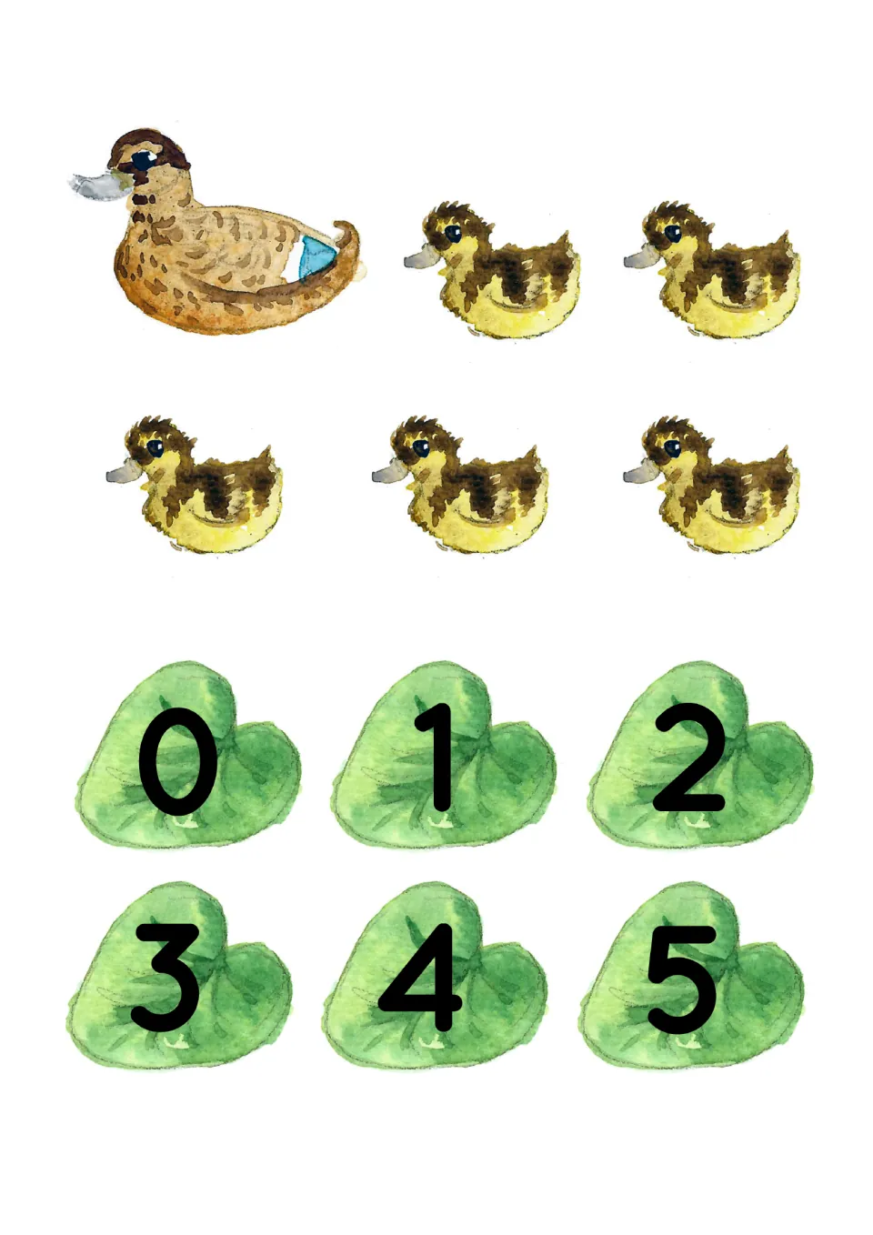 Illustration sheet for the song: one mother duck, five ducklings, and six lily pads numbered 0 through 5