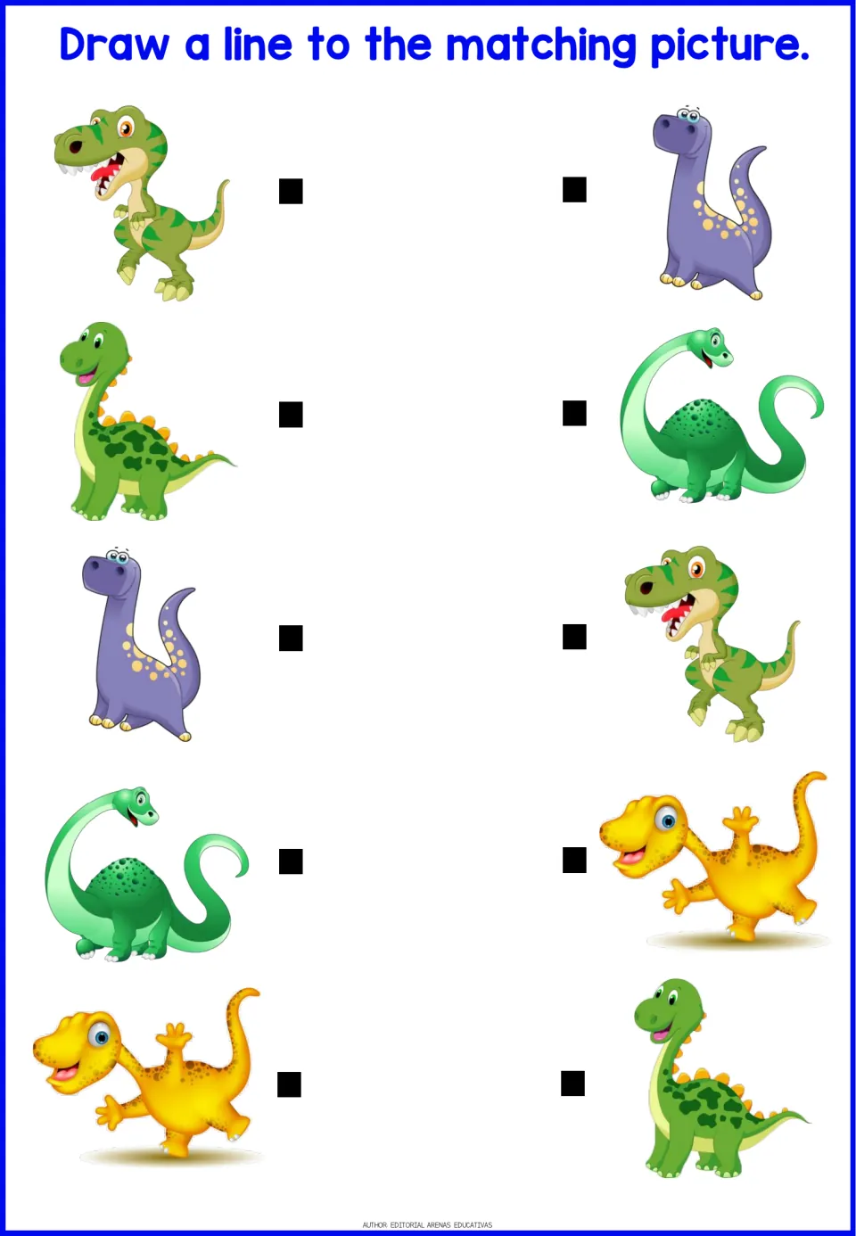 Dinosaur picture matching: students draw a line from each of 5 dinosaurs to its twin, including a purple and a yellow one
