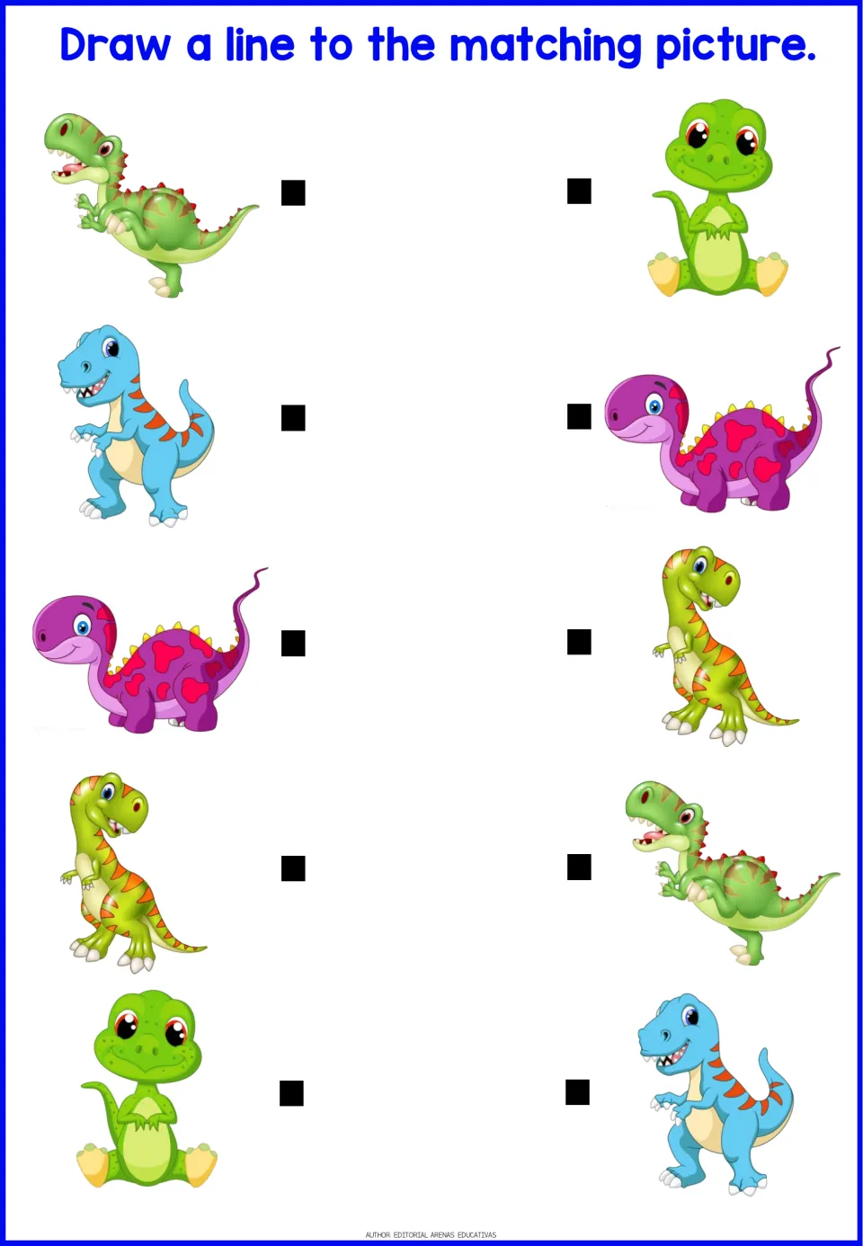 Visual discrimination: students match 5 dinosaur pairs, such as a blue T. rex and a purple spotted long-neck, with lines