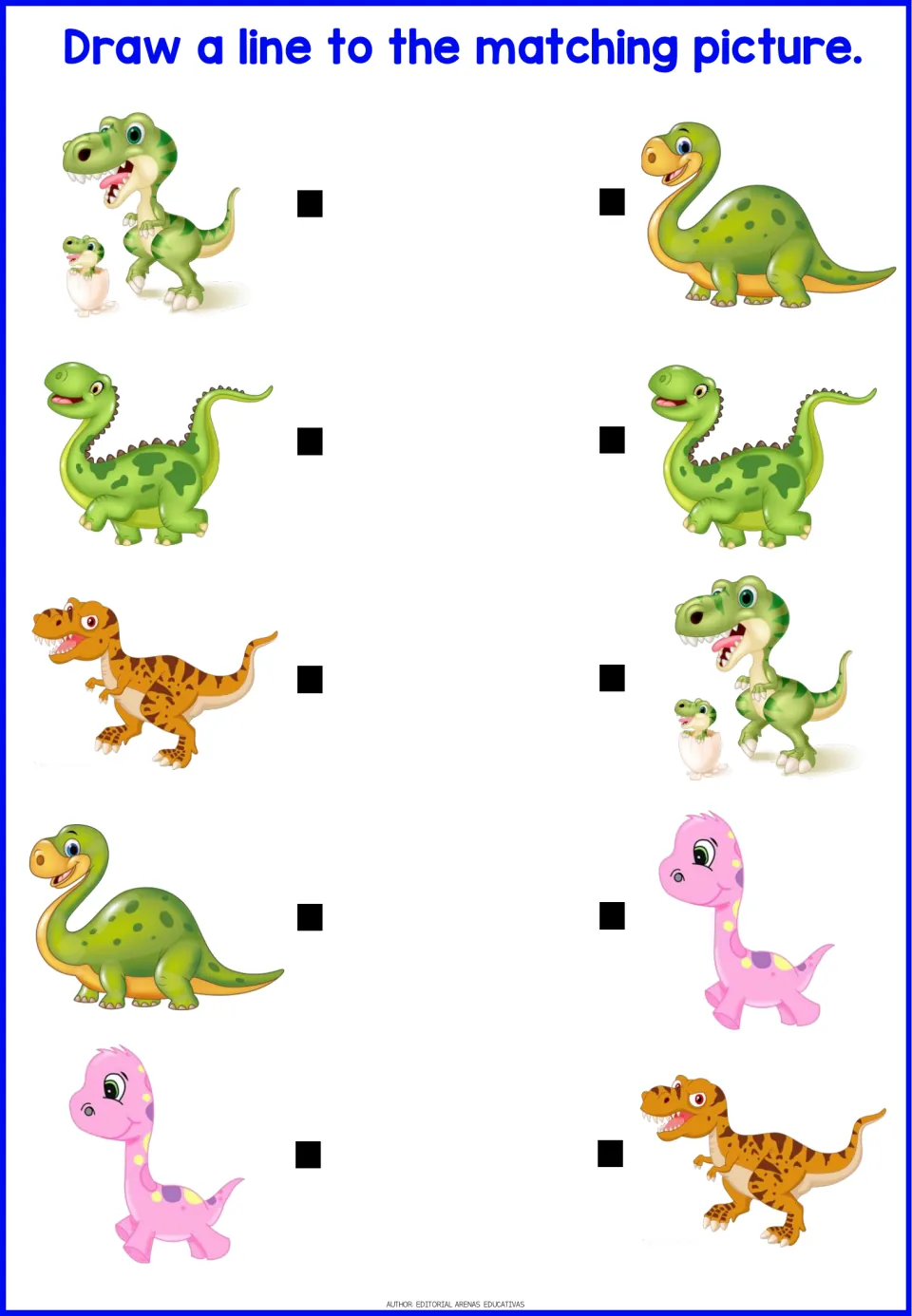 Dinosaur matching: students draw lines to pair 5 dinosaurs, including a pink long-neck and a T. rex with a hatching baby