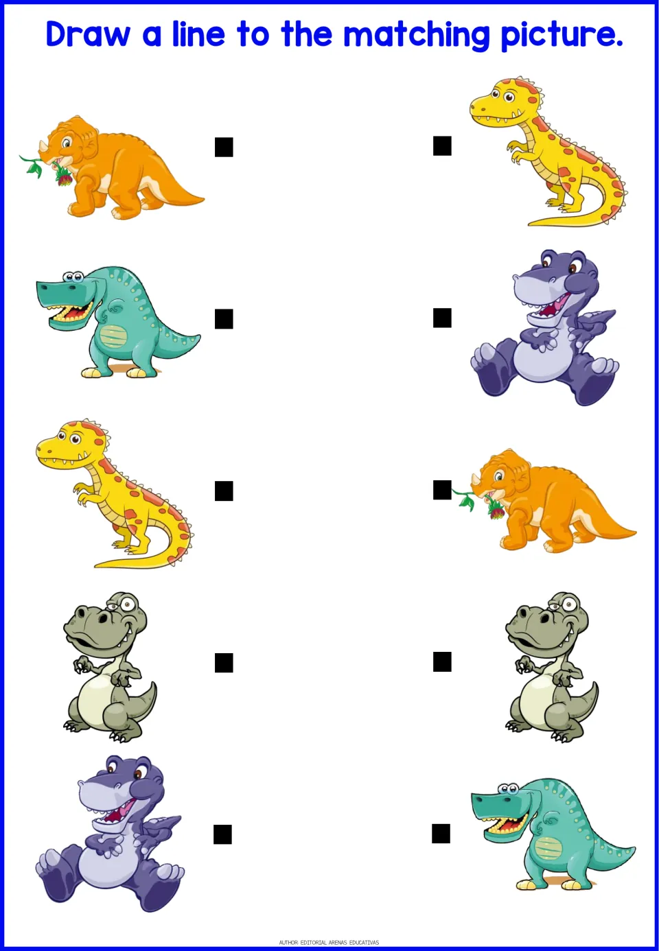 Same-picture matching: students connect 5 dinosaur pairs, among them an orange triceratops with a plant and a gray T. rex