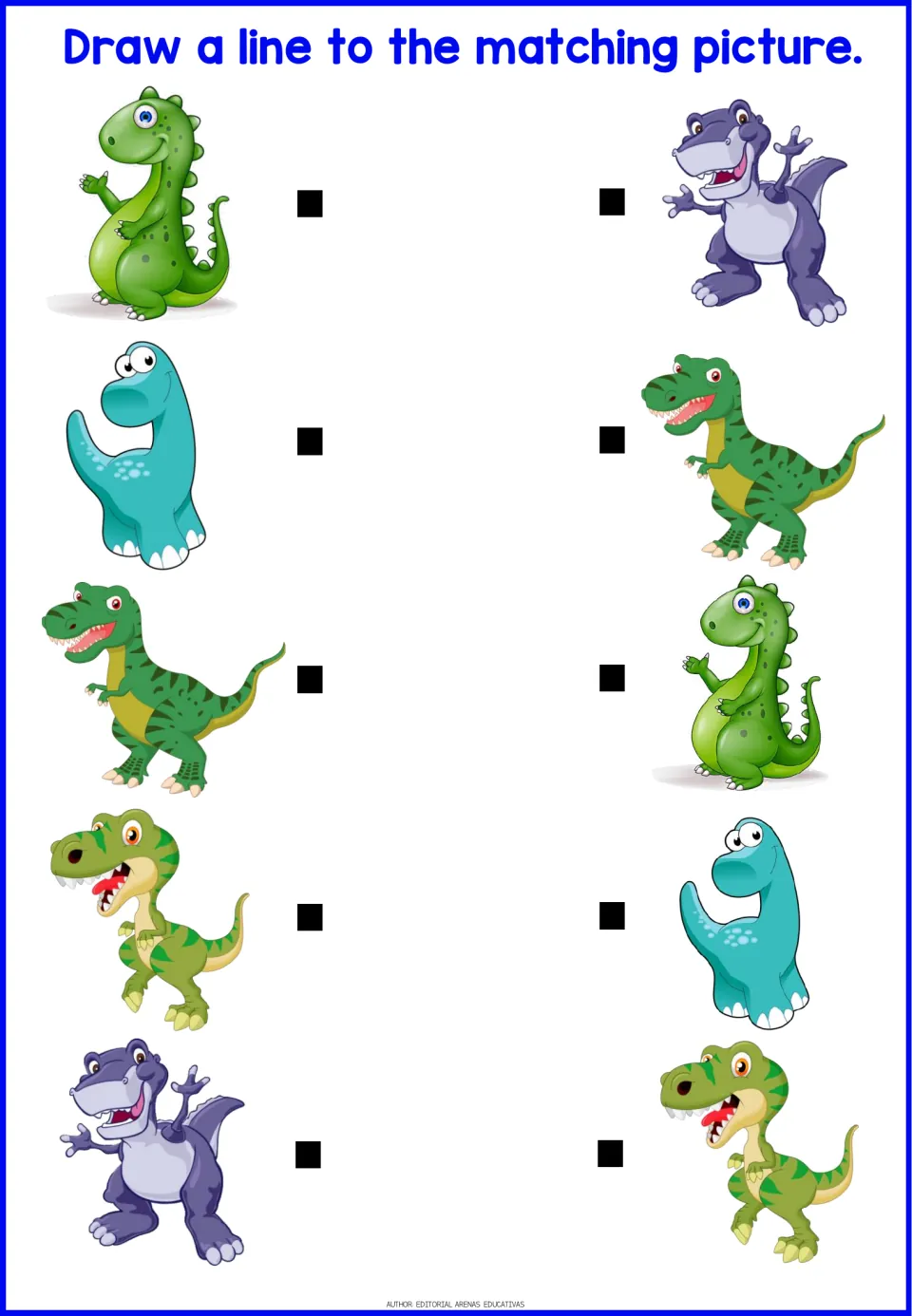 Dinosaur twins: students match 5 pairs, such as a teal long-neck and a waving purple dinosaur, by drawing lines