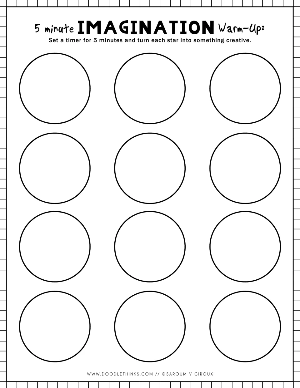 5-minute imagination warm-up: students turn each of 12 circles into a creative drawing, practising shape transformation