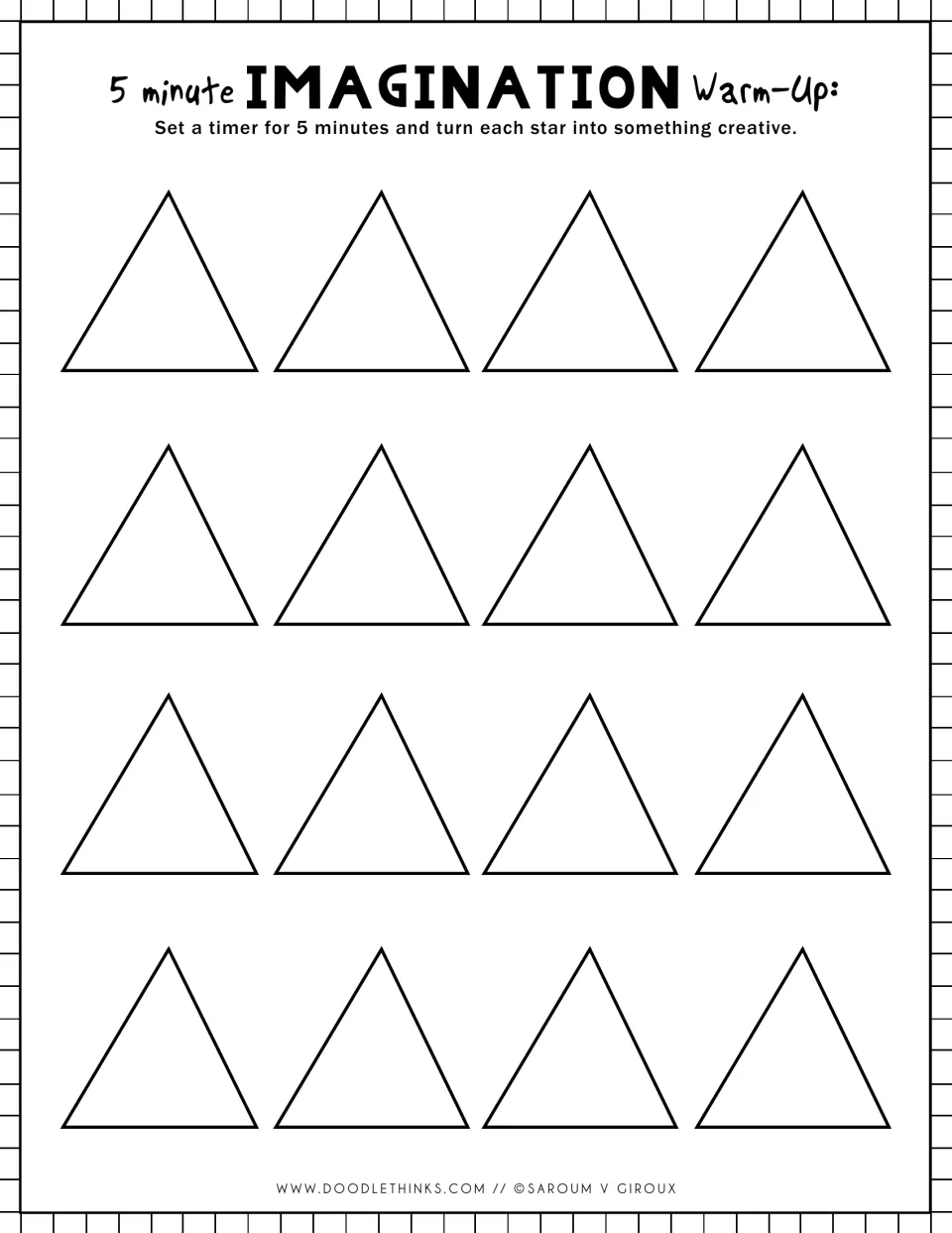 Imagination warm-up with triangles: in 5 minutes students turn 16 outlined triangles into new objects or creatures
