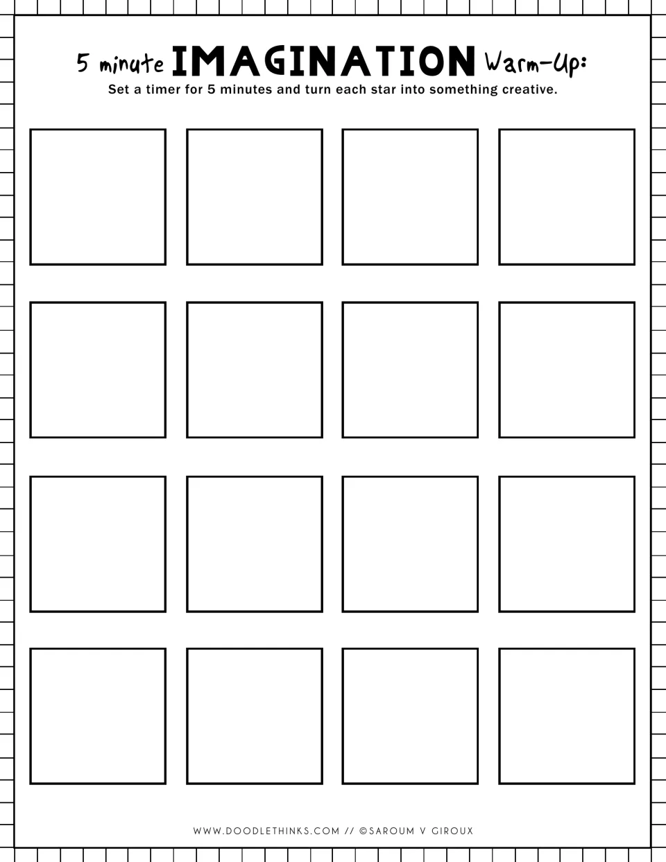 Imagination warm-up with squares: students race a 5-minute timer to turn 16 large squares into inventive drawings