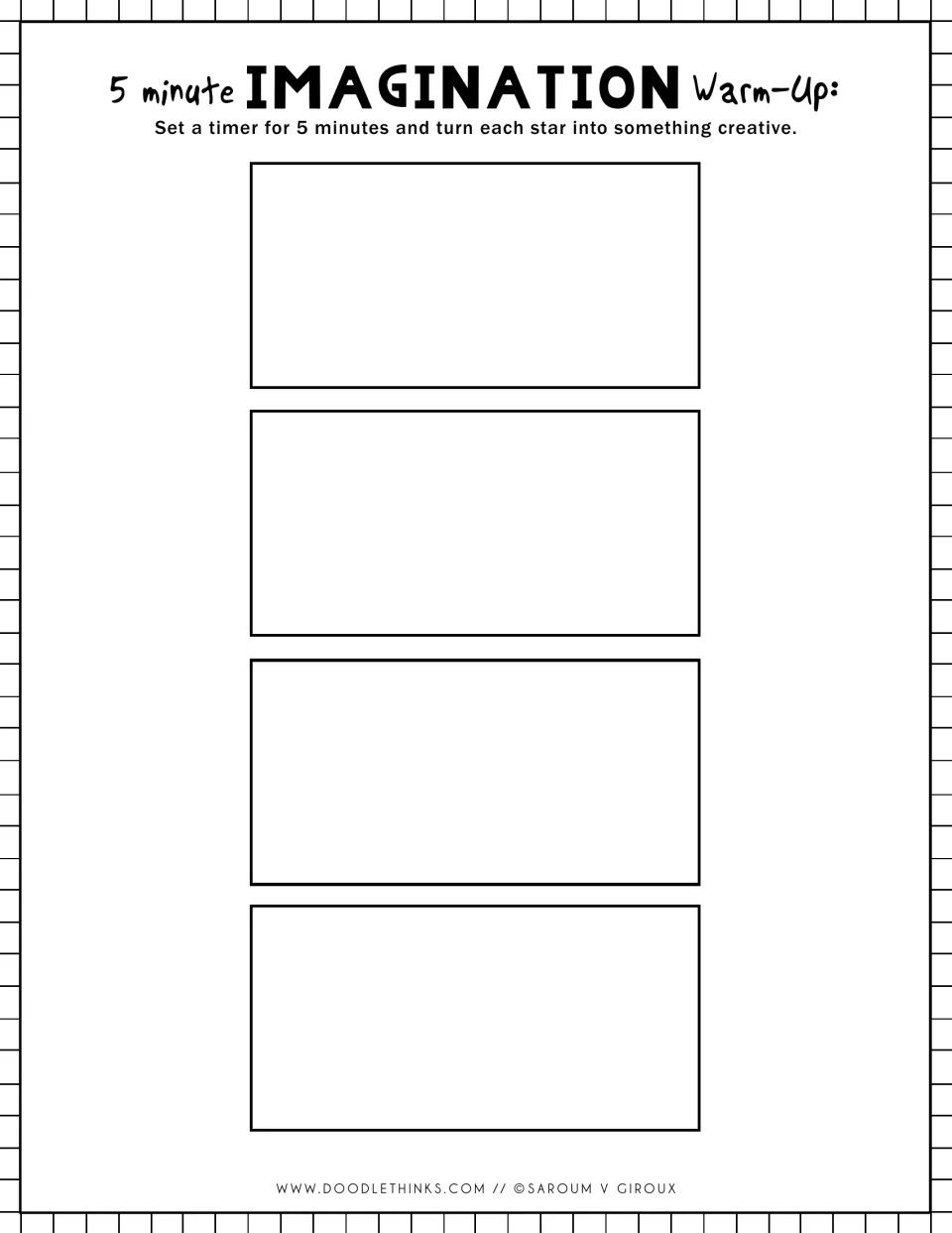 Imagination warm-up with 4 wide rectangles: students turn each into a creative drawing within a 5-minute timer