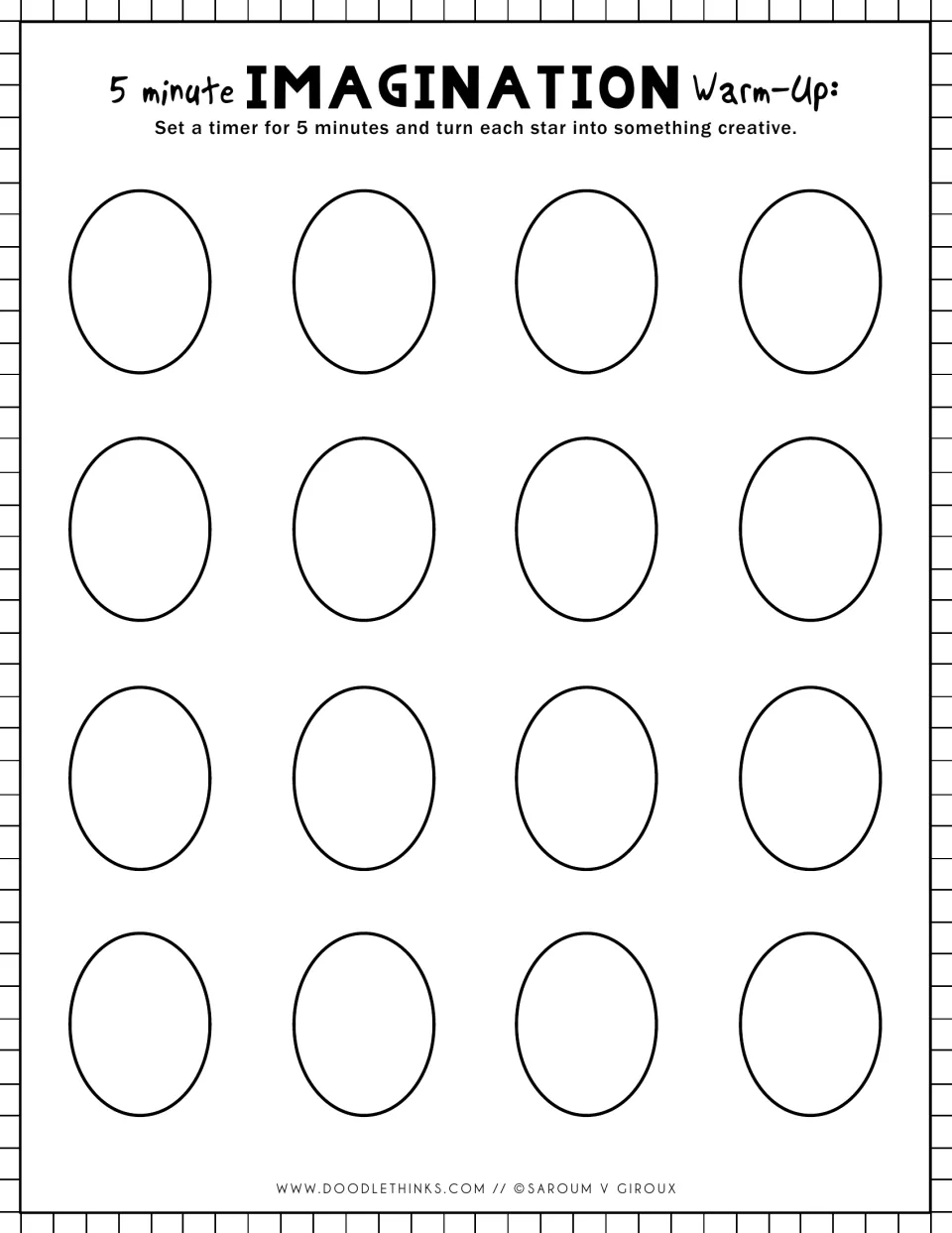 Imagination warm-up with ovals: students turn 16 matching ovals into different drawings before the 5-minute timer ends