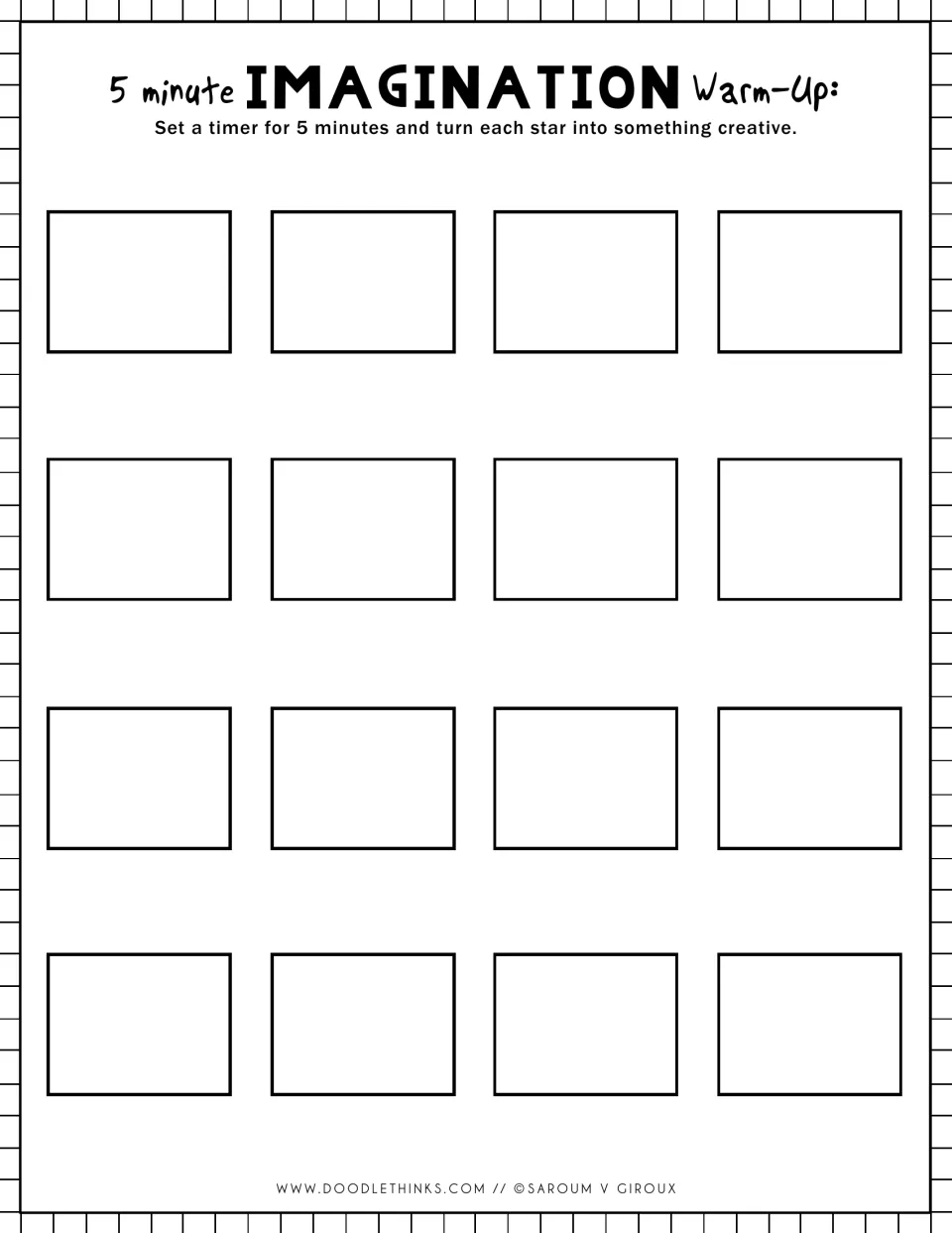 Imagination warm-up with landscape rectangles: students turn 16 small rectangles into creative drawings in 5 minutes