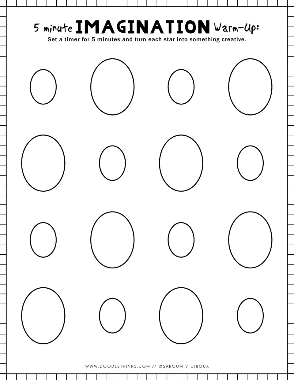 Imagination warm-up with mixed-size ovals: students turn 16 alternating large and small ovals into drawings in 5 minutes