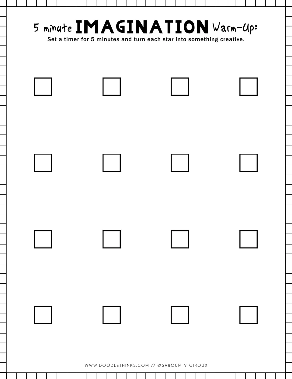 Imagination warm-up with tiny squares: students build a creative drawing around each of 16 small squares in 5 minutes