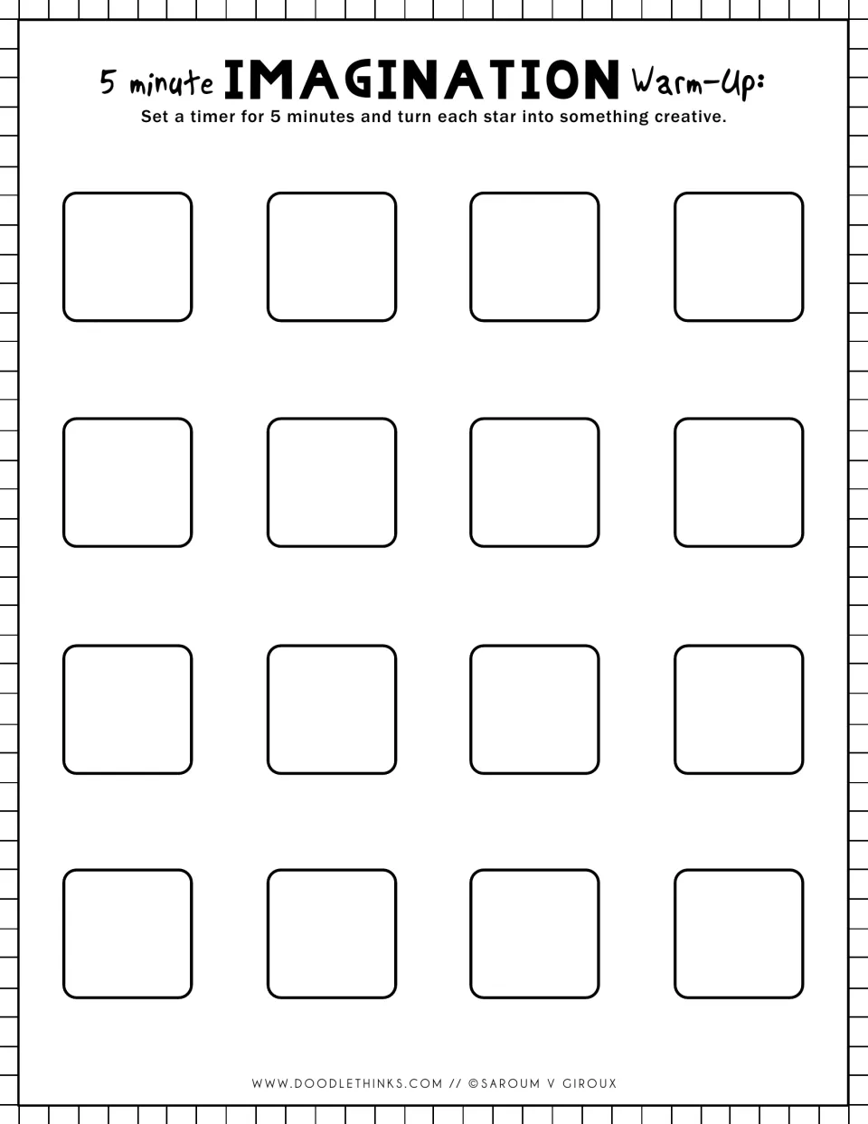 Imagination warm-up with rounded squares: students turn 16 soft-cornered squares into creative drawings in 5 minutes