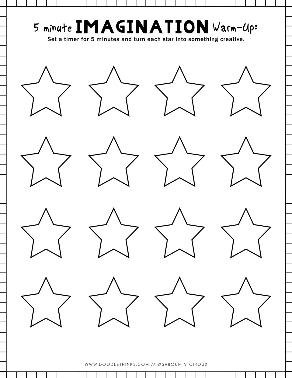 Imagination warm-up with stars: students race a 5-minute timer to turn each of 16 outlined stars into something creative