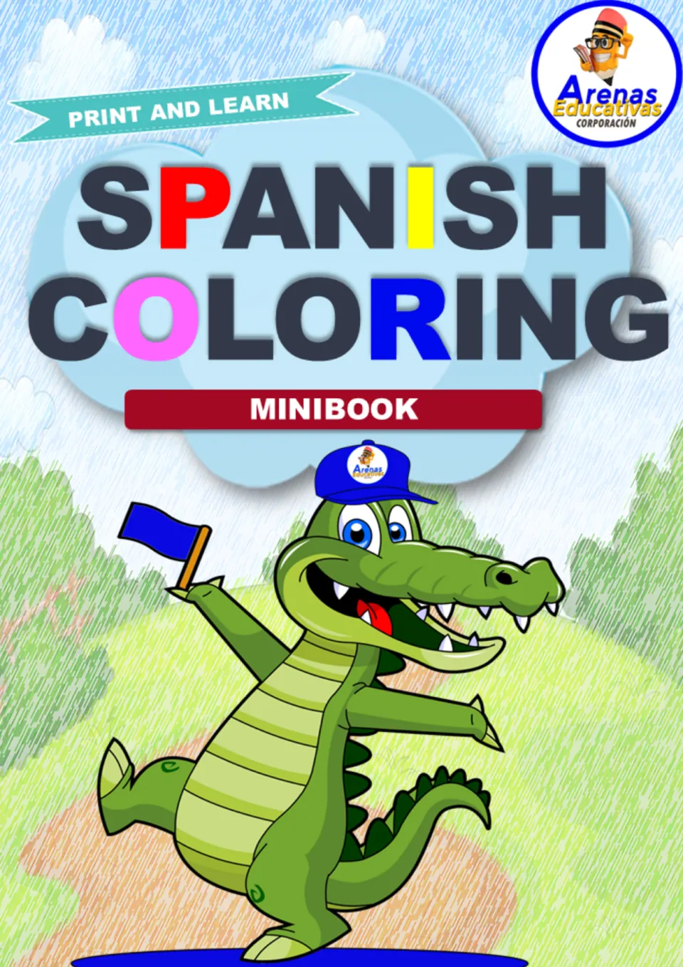 Spanish Coloring Minibook cover from Arenas Educativas: Print and Learn banner and a cartoon crocodile waving a flag