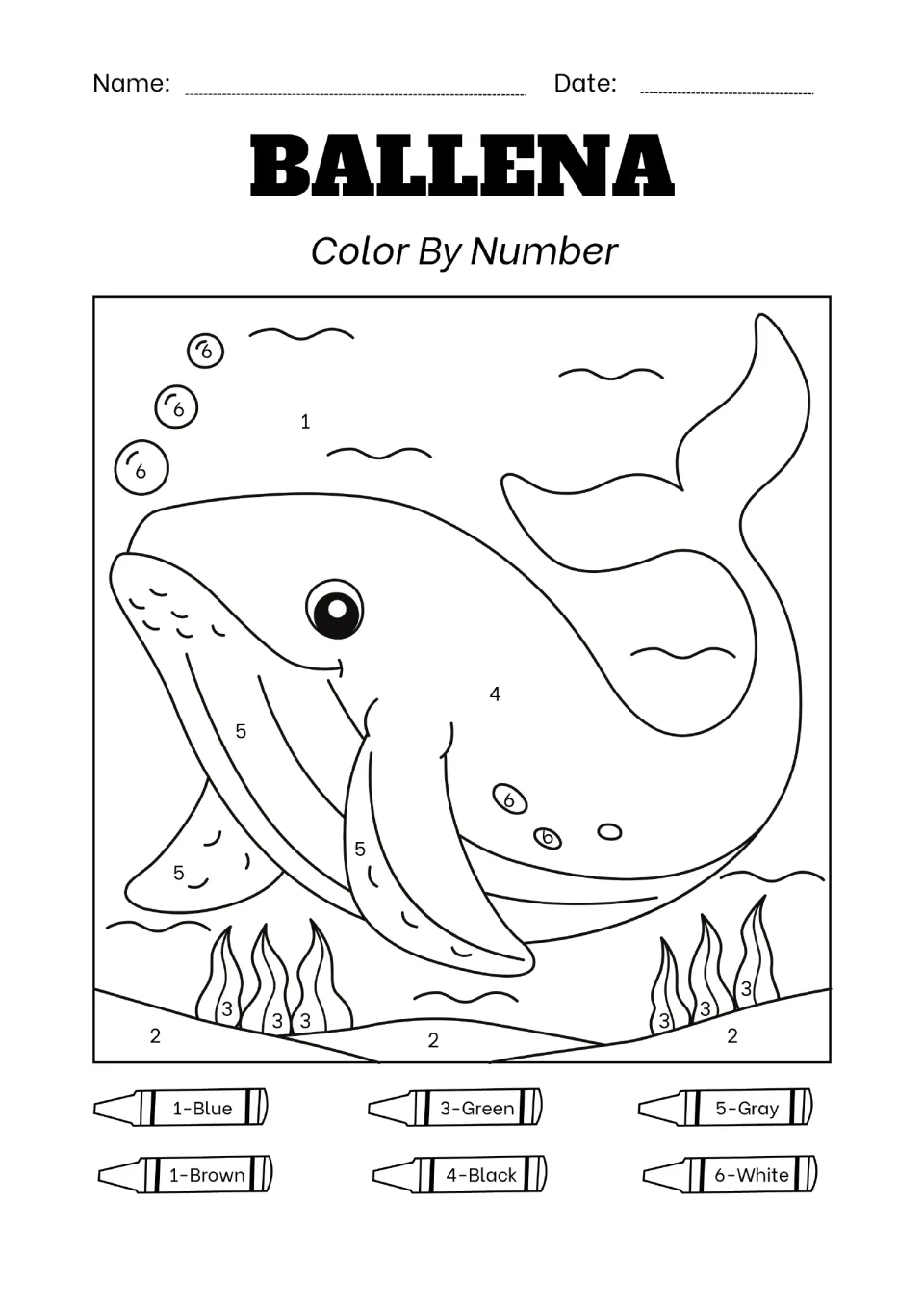 Ballena (whale) color by number: students match numbers 1 to 6 to a crayon key to color a whale, seaweed and bubbles