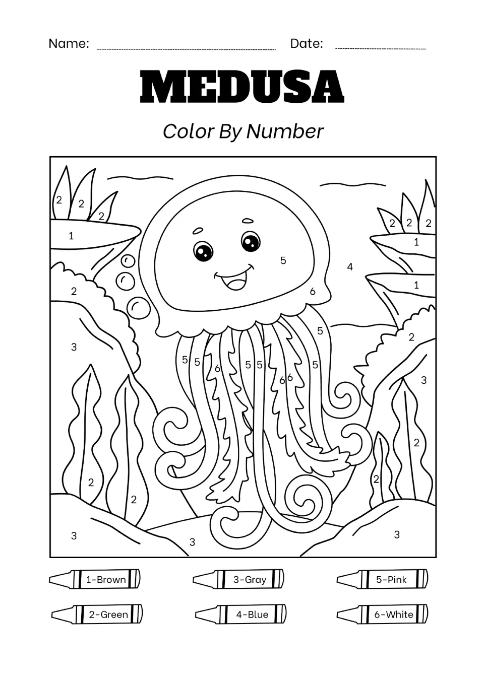 Medusa (jellyfish) color by number: students use a six-color crayon key to color a smiling jellyfish among seaweed