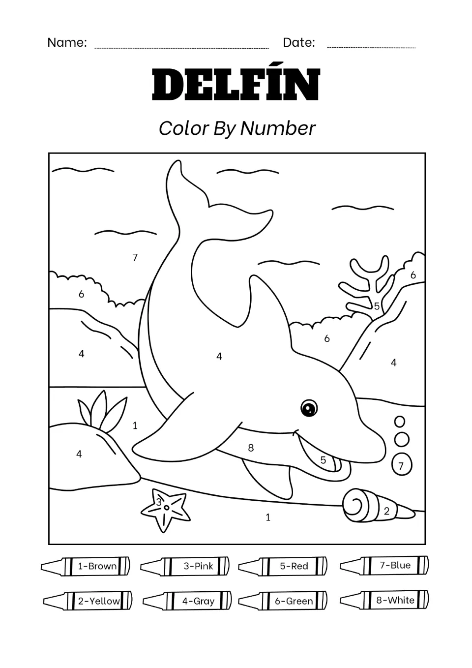 Delfín (dolphin) color by number: students follow an eight-color key to color a dolphin, starfish, shell and coral