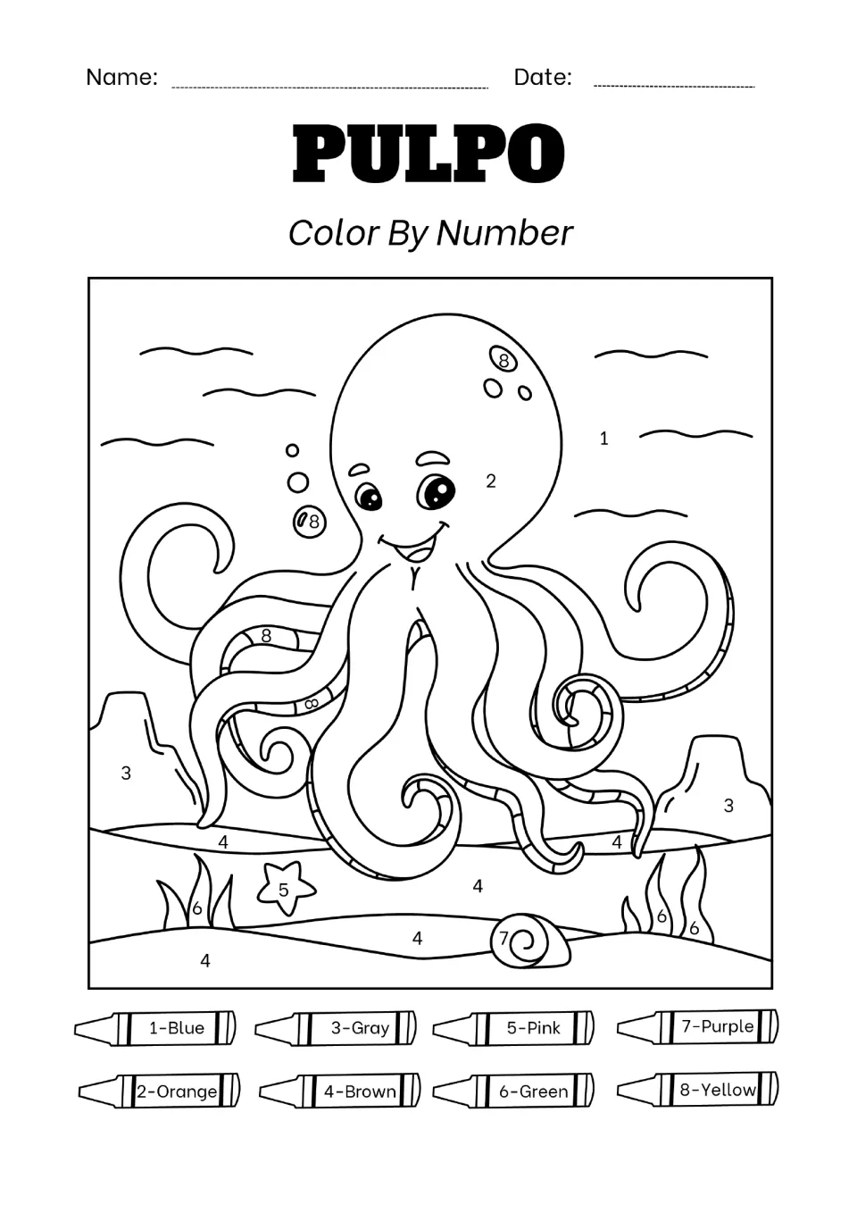Pulpo (octopus) color by number: students match numbers 1 to 8 to crayon colors to fill in an octopus on the seafloor