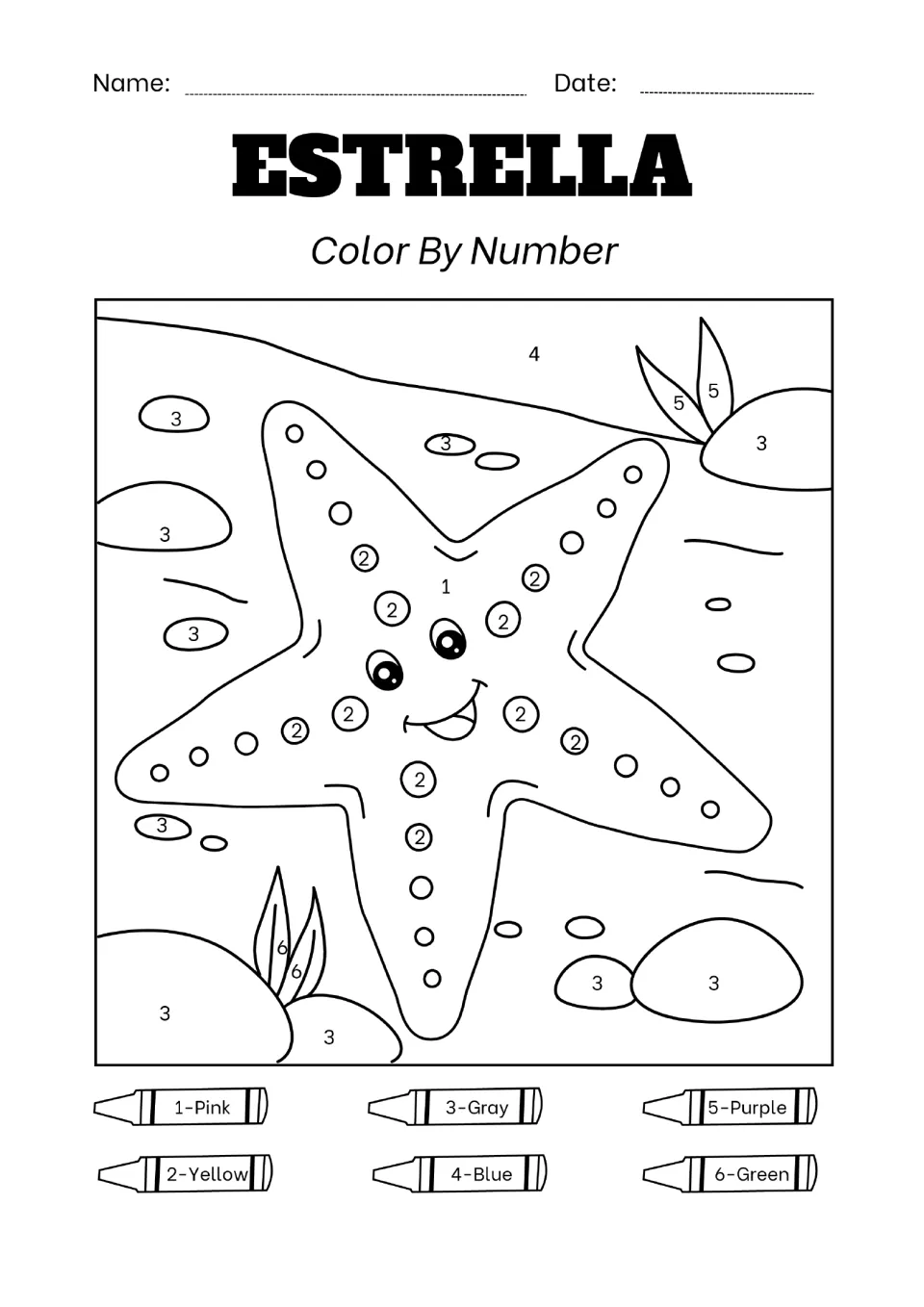 Estrella (starfish) color by number: students use a six-color key to color a smiling starfish, its spots and rocks