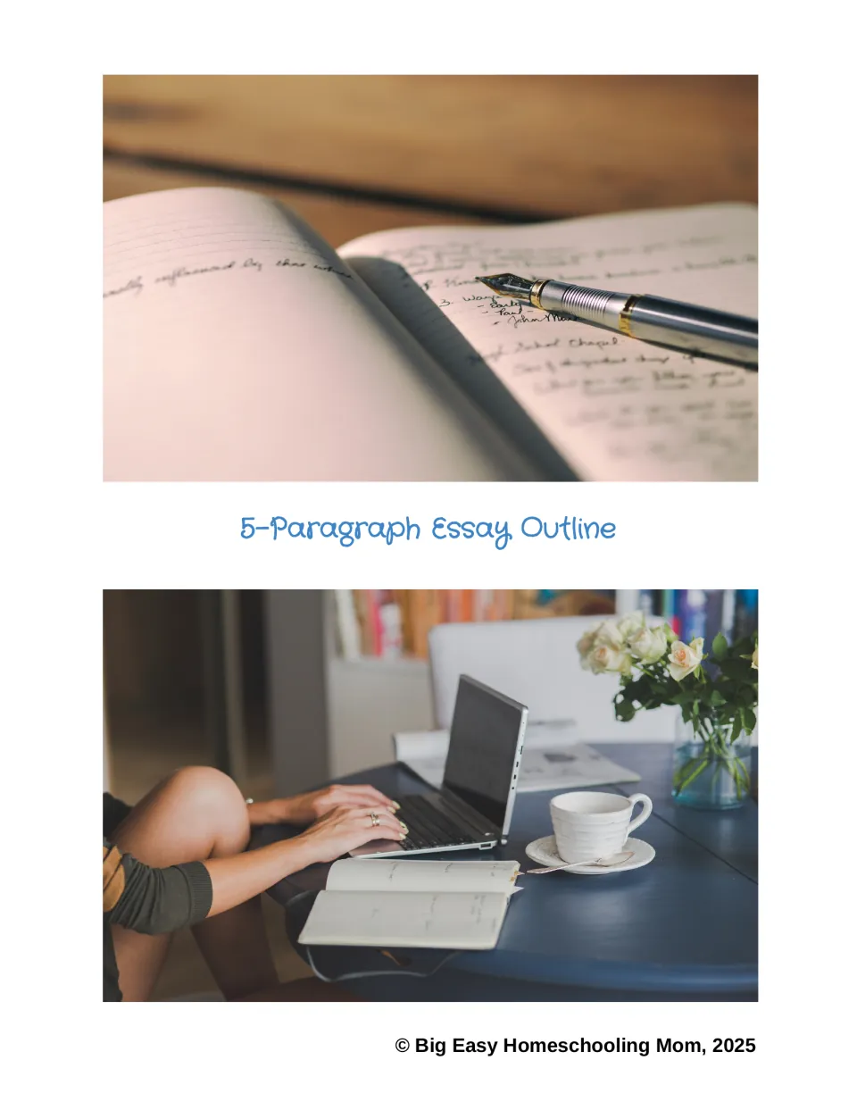 Cover for a 5-paragraph essay outline resource, shown with photos of an open handwritten notebook and a laptop