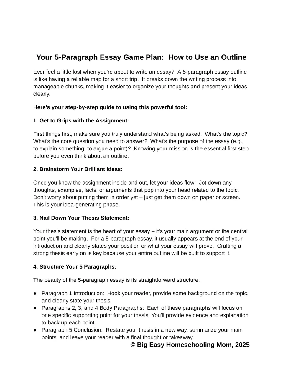 Essay planning guide, steps 1-4: understand the assignment, brainstorm, write a thesis and structure five paragraphs