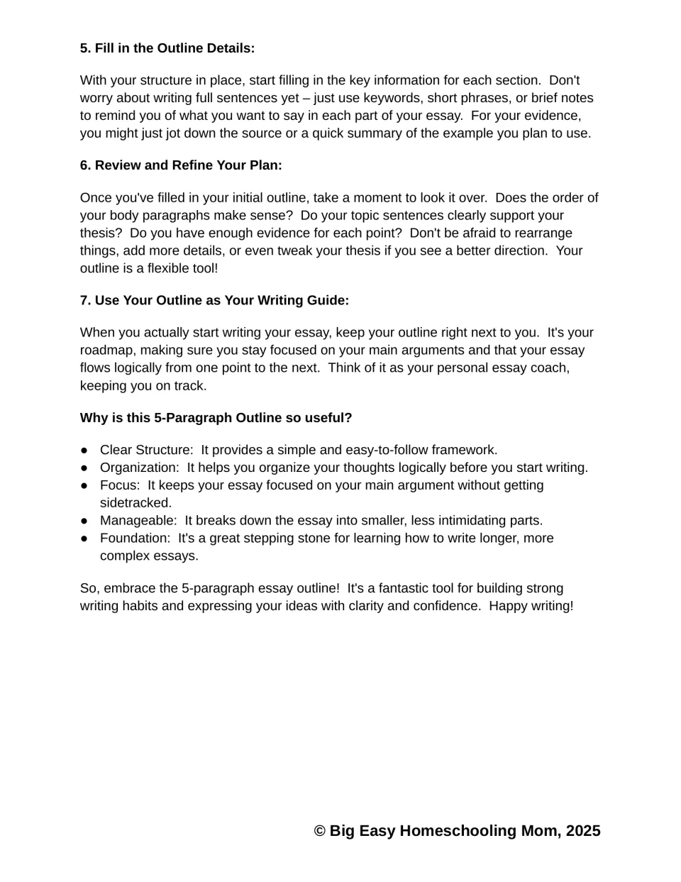 Essay planning guide, steps 5-7: fill in outline notes, review and refine the plan, then write from the outline
