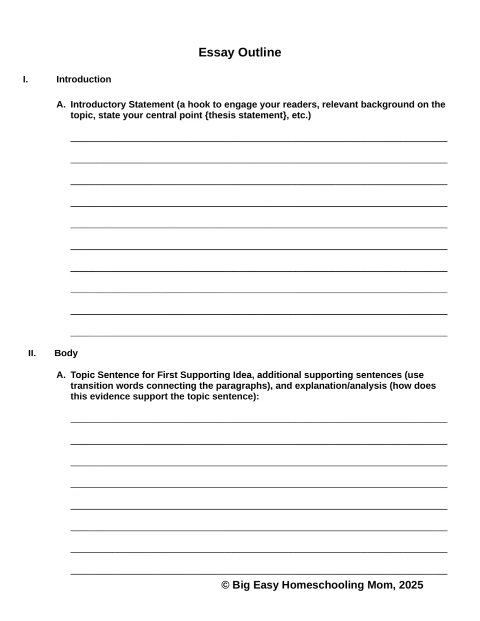 Essay outline, parts I and II-A: students plan an introduction with hook and thesis, then a first body paragraph