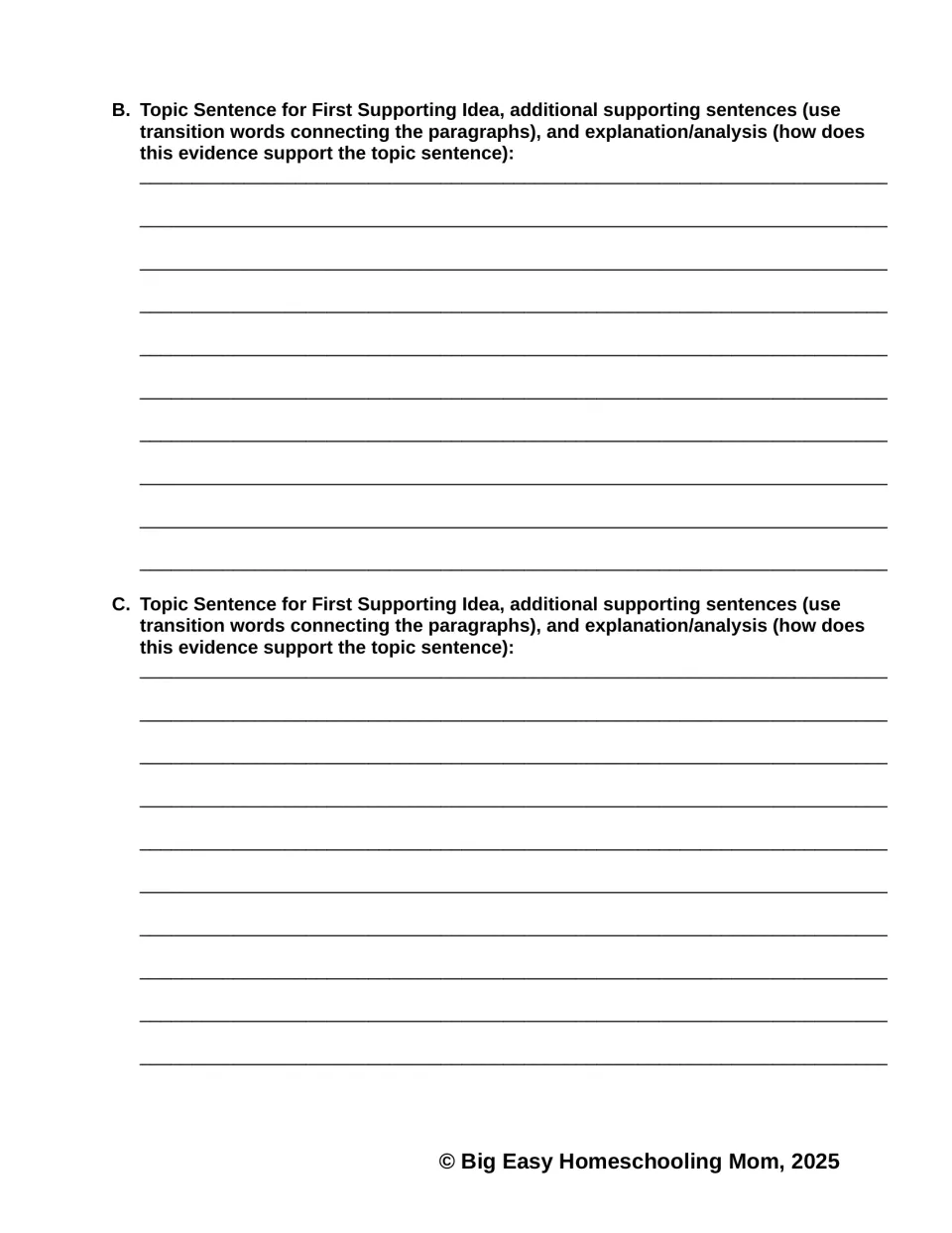 Body paragraph planning, sections B and C: students note topic sentences, transitions and evidence analysis